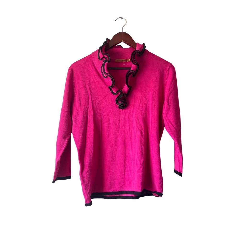 Vintage y2k Pink Ruffle V-Neck Knit Top Black Trim 3/4 Sleeve Womens‎ XL